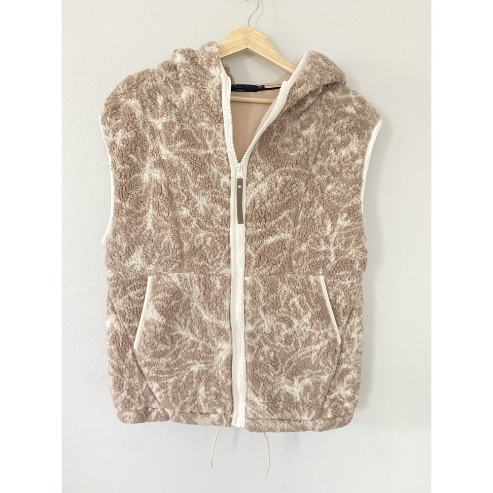 PraNa Full Zip Vest Beige Insulated Deep Pile Sherpa‎ Fleece Hooded Women Sz S